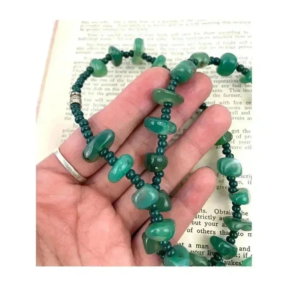 Natural Stone Green Agate Nugget Rock Beaded Necklace Seed Bead 20" - Picture 3 of 15